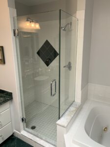 Dog Leg shower glass cutout installed and designed by Harmony Glass NJ
