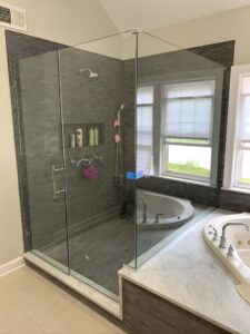 Dog Leg Cutout in Shower design by Harmony Glass Nj