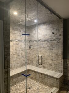 Steam Shower Door Design with Transom and Ventilation installation by Harmony Glass NJ