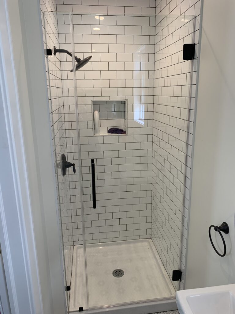 Inline Shower with Door and Small Glass Panel installed by Harmony Glass NJ