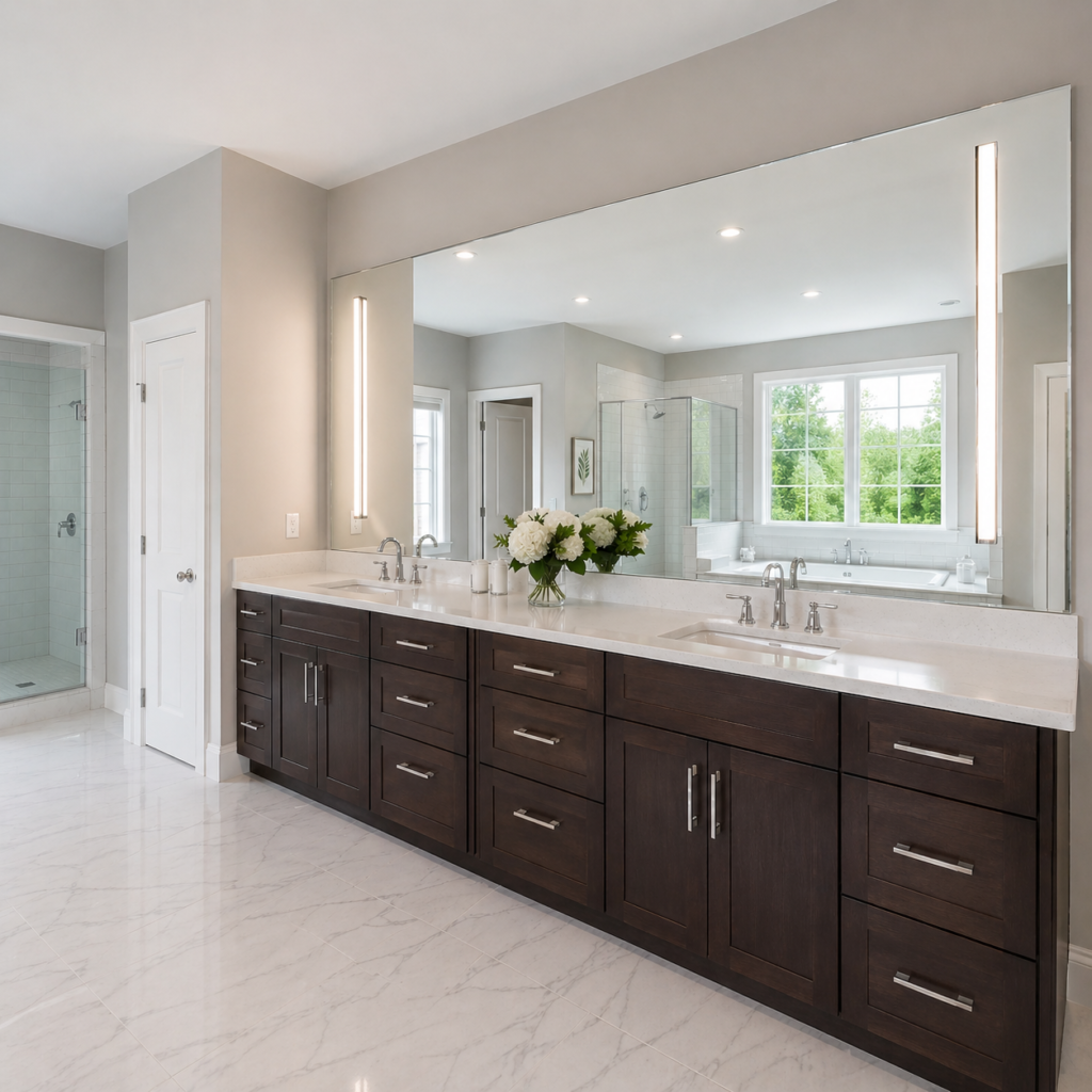 Modern bathroom with dark wood and glass in Toms River NJ