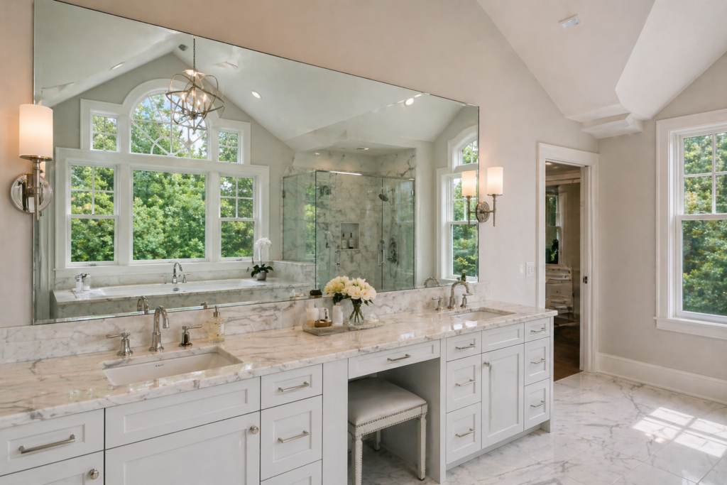 Luxurious modern bathroom with marble accents Harmony Glass Middletown NJ