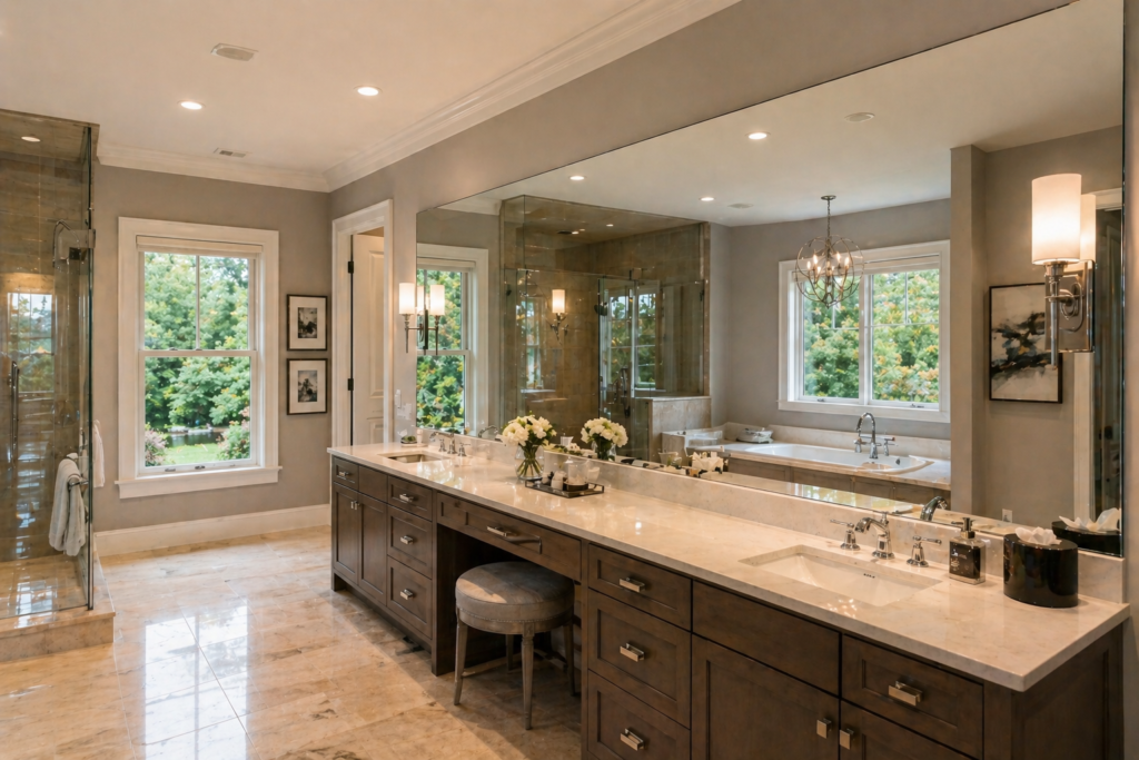 Elegant modern bathroom with natural light Harmony Glass Nj mirror installation in Freehold Township NJ