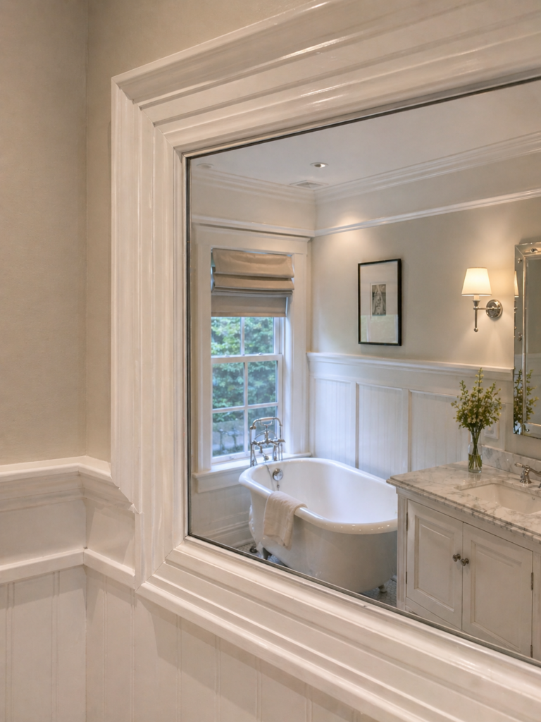 Elegant bathroom with framed mirror view Harmony Glass Mirror Installtion
