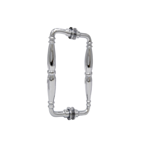 Frameless sliding glass system with smooth, quiet hardware and a built-in towel bar for added convenience.